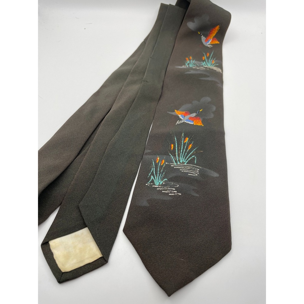 Vintage Andre of California Hand Painted Mallard Duck Tie Olive Green Wildlife